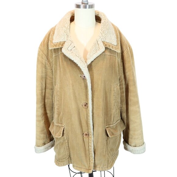 Vintage Y2K Wide Wale Corduroy Shearling Chore Jacket 1X Gloria Vanderbilt Tan - Picture 1 of 8